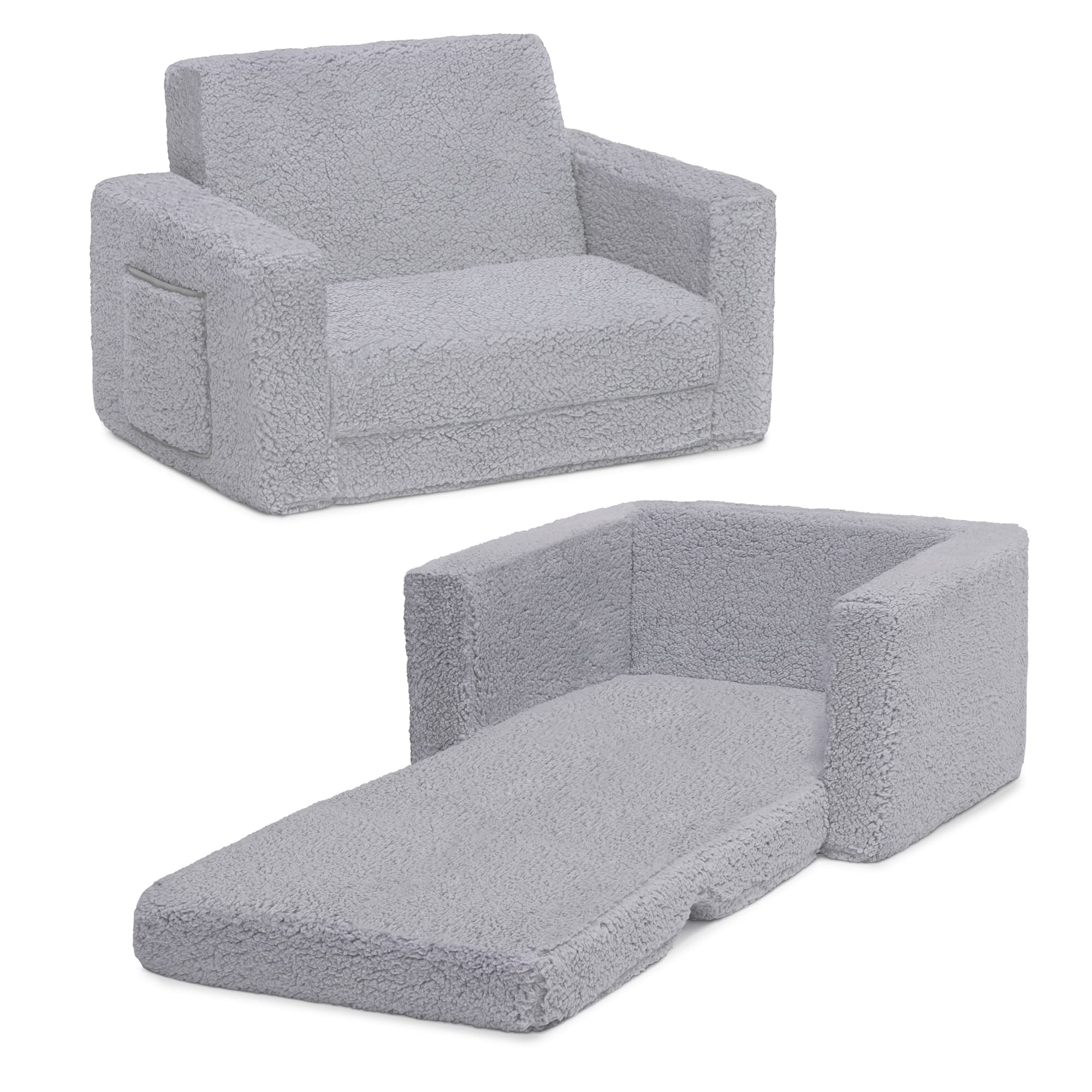 Delta Children Cozee Flip-Out Sherpa 2-In-1 Convertible Chair To Lounger For Kids, Grey